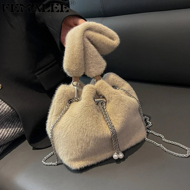 Winter Fluffy Faux Fur Handbag Pearl Crossbody Bag