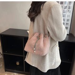 Winter Fluffy Faux Fur Handbag Pearl Crossbody Bag
