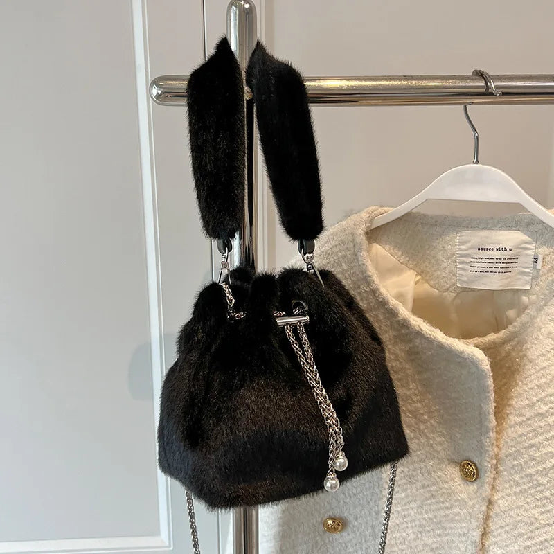 Winter Fluffy Faux Fur Handbag Pearl Crossbody Bag