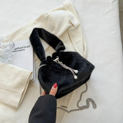 Winter Fluffy Faux Fur Handbag Pearl Crossbody Bag