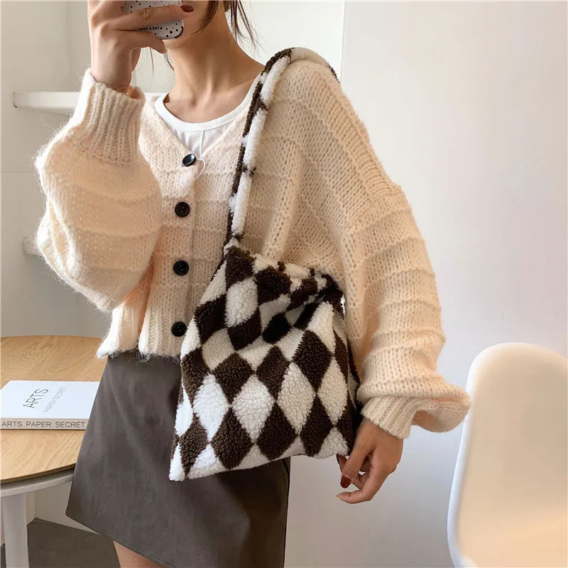 Winter Leopard Print Totes for Women Large Capacity Soft Plush Bag