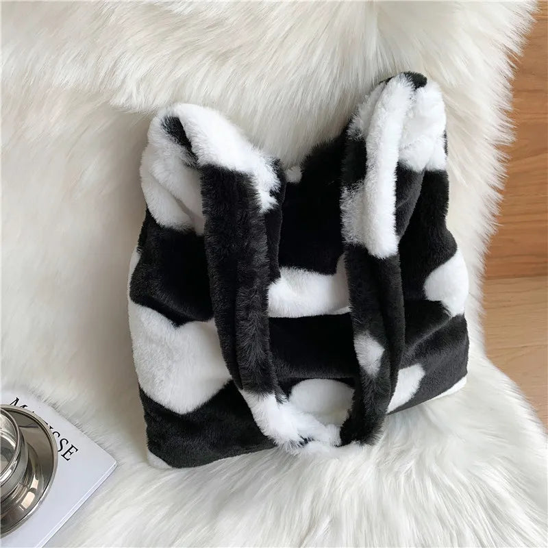 Winter Leopard Print Totes for Women Large Capacity Soft Plush Bag