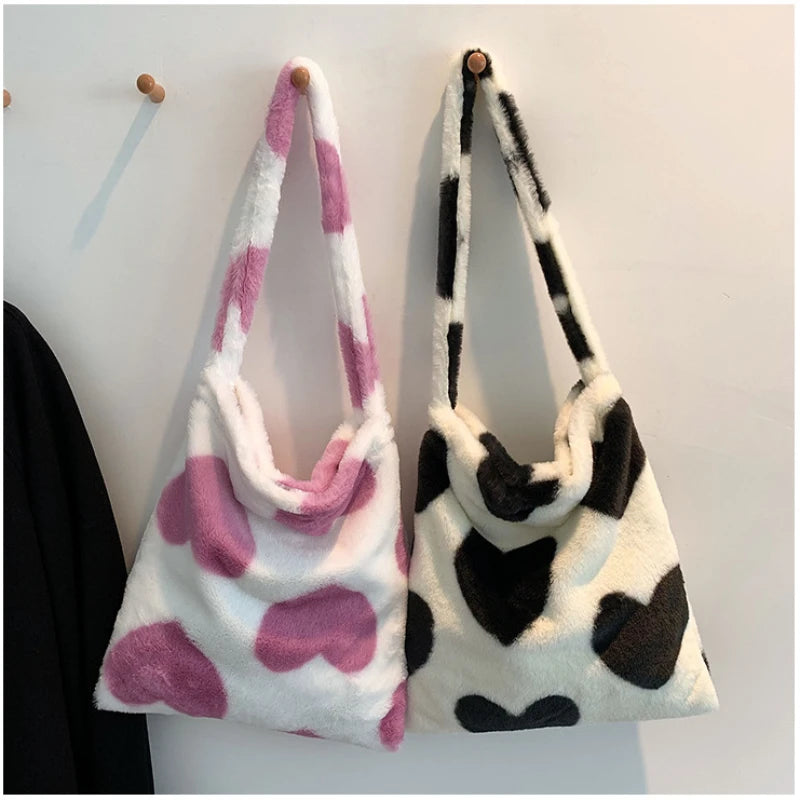 Winter Leopard Print Totes for Women Large Capacity Soft Plush Bag