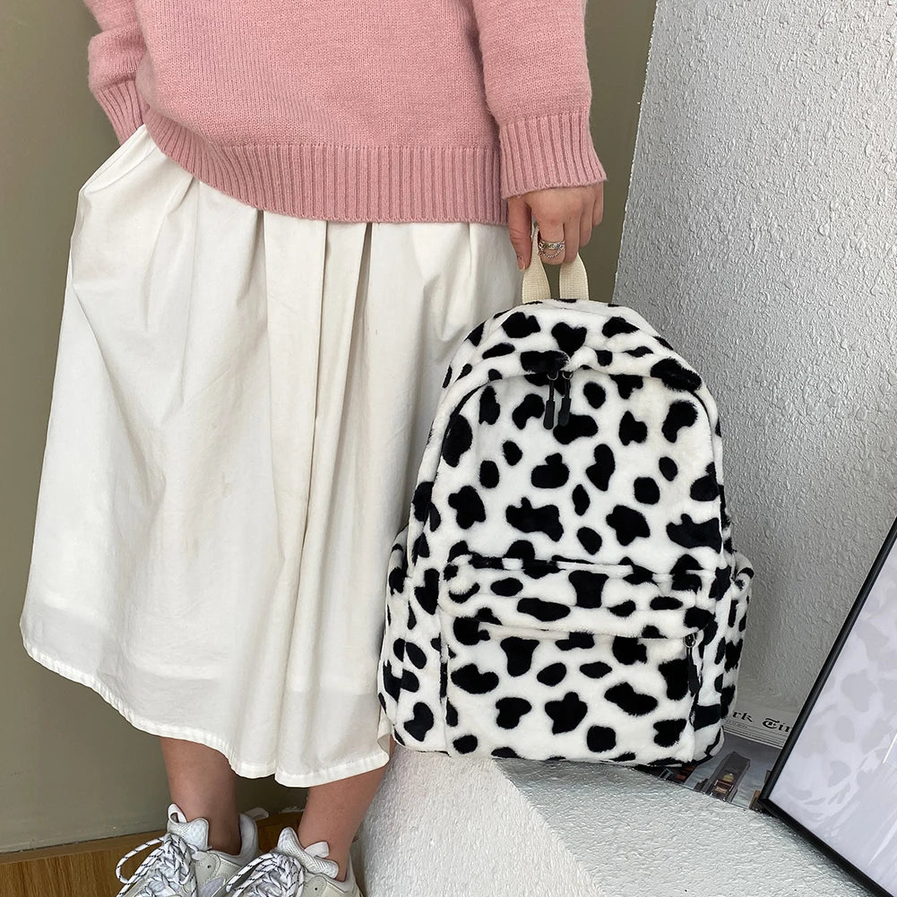 Warm Plush Backpack For Women Cow Print Teenager School Bag