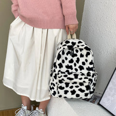 Warm Plush Backpack For Women Cow Print Teenager School Bag