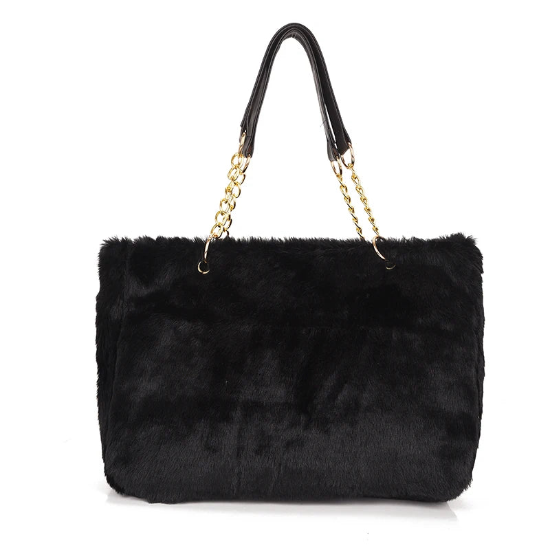 Winter Women Faux Fur Totes Bag Metal Chain Handbag Plush Shoulder Bags