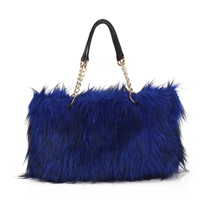 Winter Women Faux Fur Totes Bag Metal Chain Handbag Plush Shoulder Bags