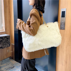 Winter Women Faux Fur Totes Bag Metal Chain Handbag Plush Shoulder Bags