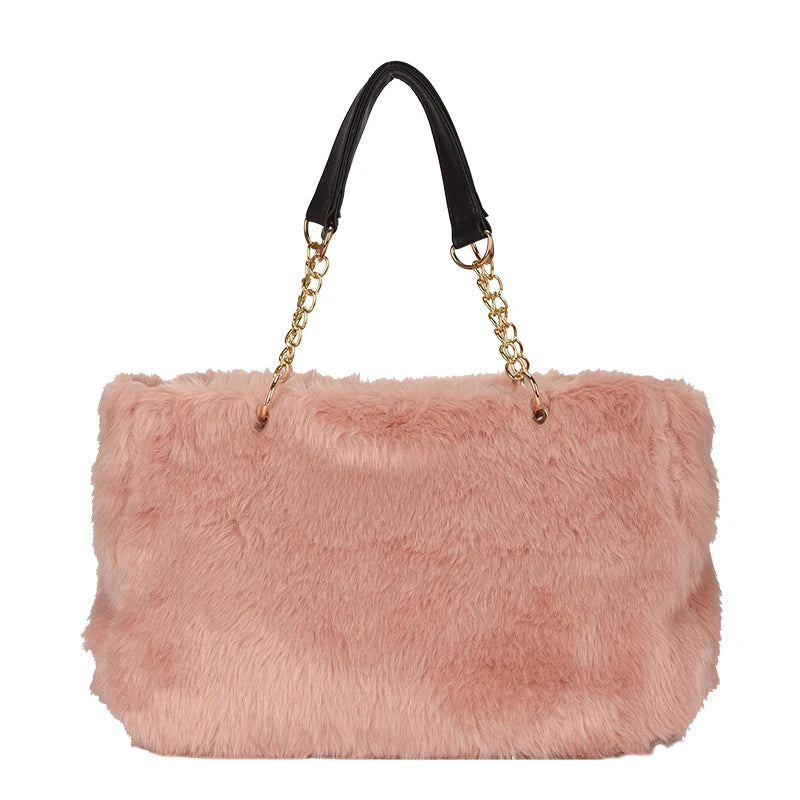 Winter Women Faux Fur Totes Bag Metal Chain Handbag Plush Shoulder Bags