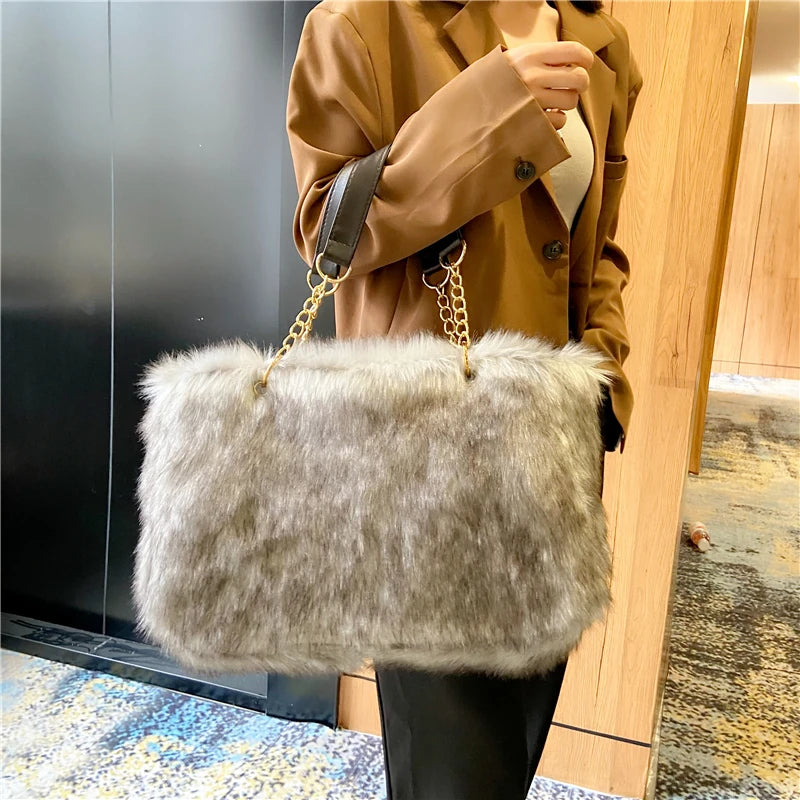 Winter Women Faux Fur Totes Bag Metal Chain Handbag Plush Shoulder Bags