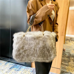 Winter Women Faux Fur Totes Bag Metal Chain Handbag Plush Shoulder Bags