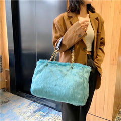 Winter Women Faux Fur Totes Bag Metal Chain Handbag Plush Shoulder Bags
