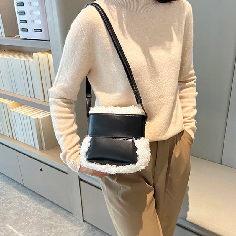 Winter Women Furry Lambswool Crossbody Bags Soft Leather Mini Shoulder Bags