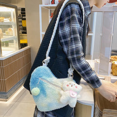 Plush Winter Women Handbag Soft Small Zipper Satchel with Cartoon Pendant