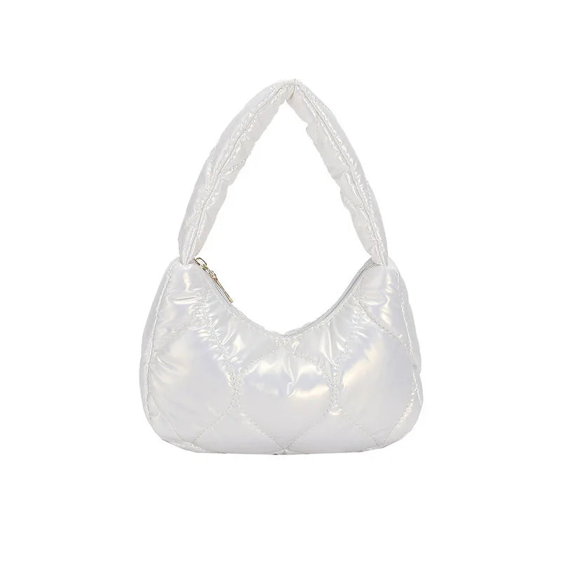 Silver Quilted Bubble Tote Handbag Lightweight Pu Feather Padded Underarm Hobo B