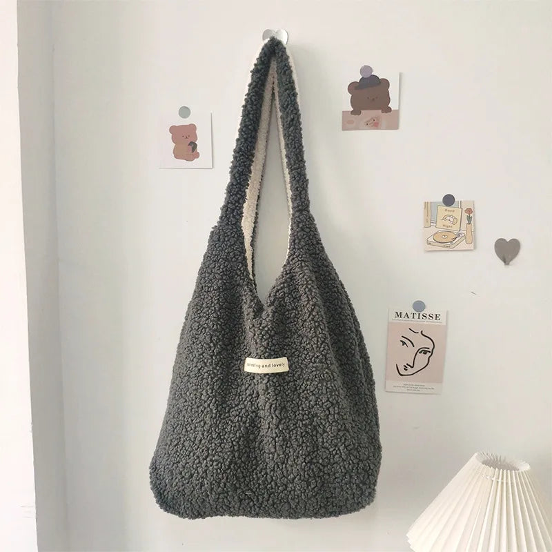 Winter Women's Plush Shoulder Bag Large Capacity Faux Lamb Wool Tote Handbags