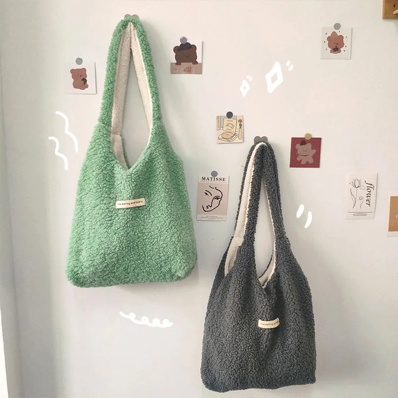 Winter Women's Plush Shoulder Bag Large Capacity Faux Lamb Wool Tote Handbags