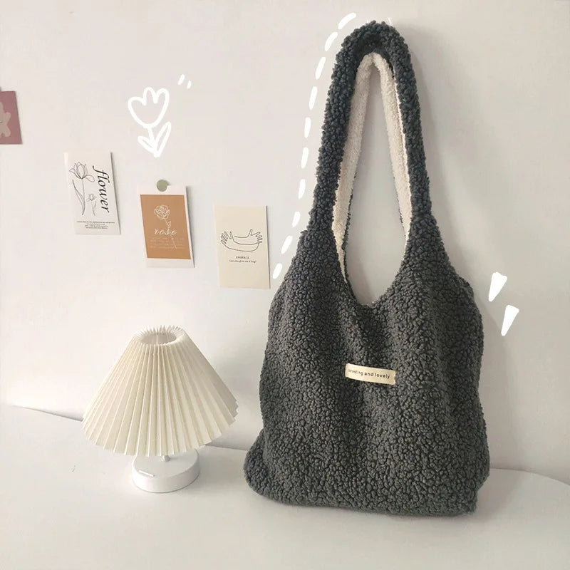 Winter Women's Plush Shoulder Bag Large Capacity Faux Lamb Wool Tote Handbags