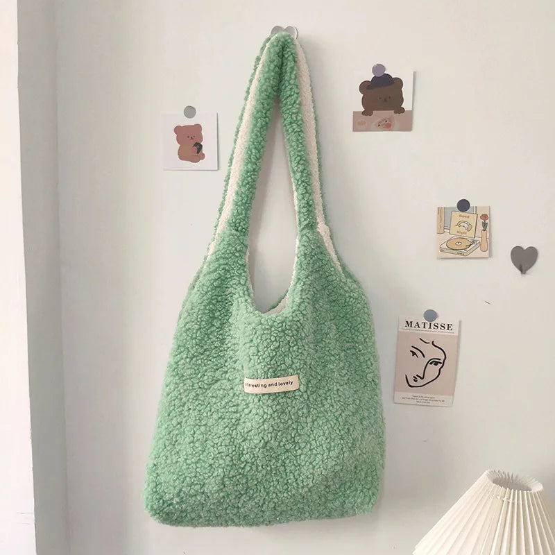 Winter Women's Plush Shoulder Bag Large Capacity Faux Lamb Wool Tote Handbags