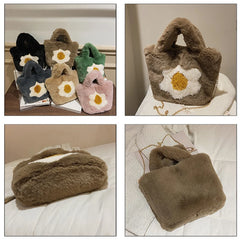 Winter Woolen Faux Fur Flower Plush Tote Bag Large Capacity Handbag