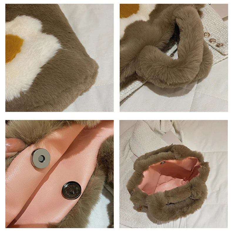 Winter Woolen Faux Fur Flower Plush Tote Bag Large Capacity Handbag