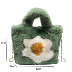 Winter Woolen Faux Fur Flower Plush Tote Bag Large Capacity Handbag
