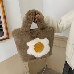 Winter Woolen Faux Fur Flower Plush Tote Bag Large Capacity Handbag