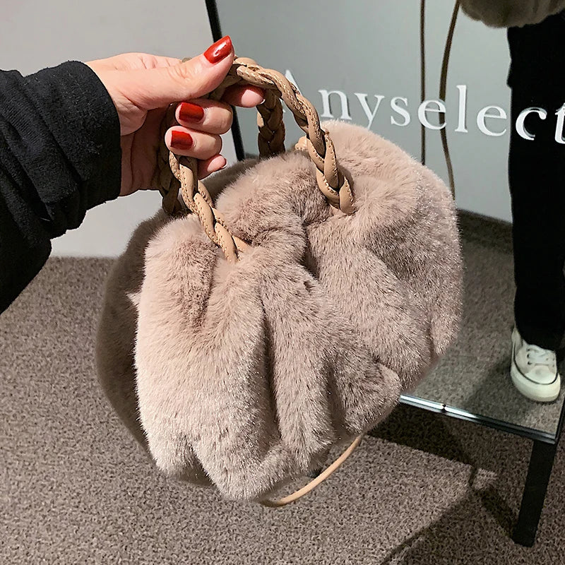 Winter Woolen Faux Fur Teddy Plush Tote Bag Retro Handbag