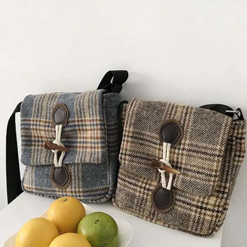 Winter Woolen Shoulder Bags Women Plaid Vintage Horn Button Envelope Bag
