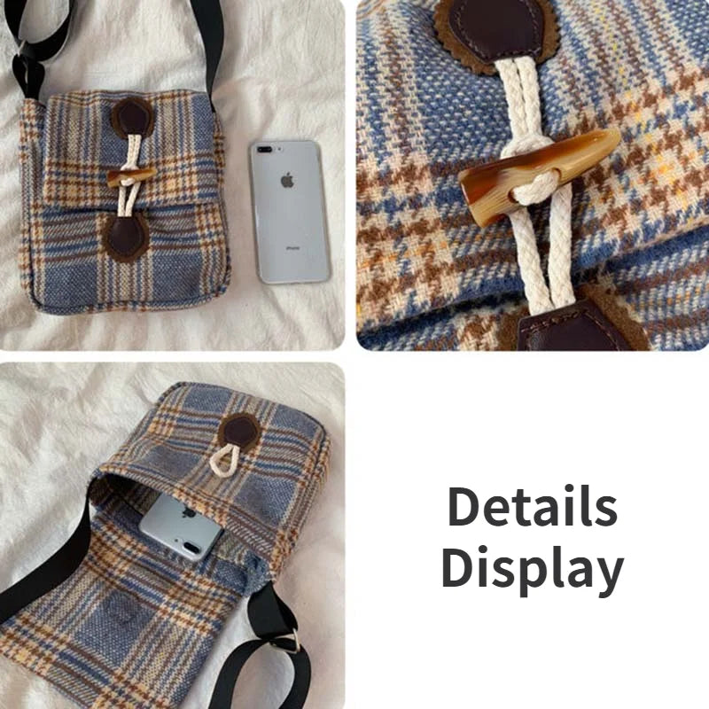 Winter Woolen Shoulder Bags Women Plaid Vintage Horn Button Envelope Bag