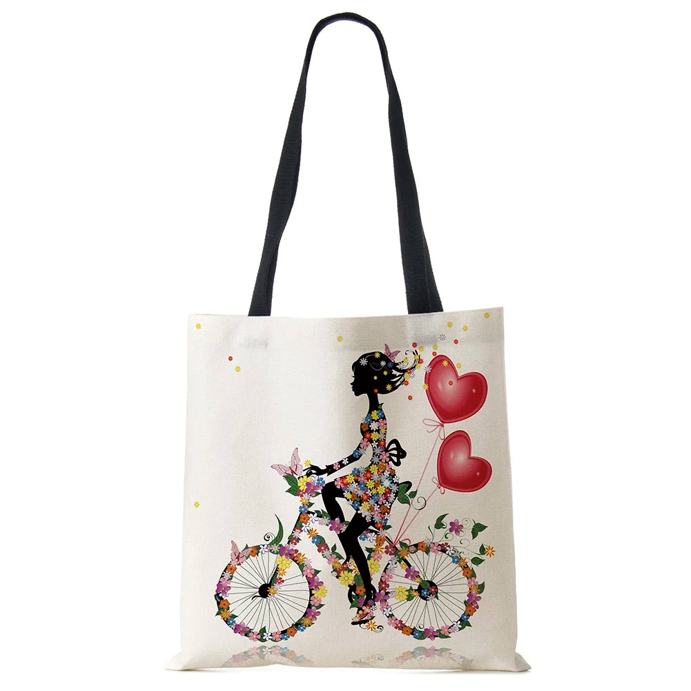 Wishing Girl Print Linen Reusable Shopping Bags Women Large Tote Bags Handbags