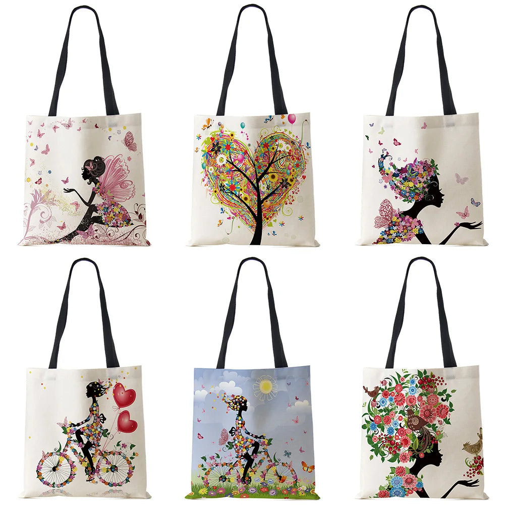Wishing Girl Print Linen Reusable Shopping Bags Women Large Tote Bags Handbags