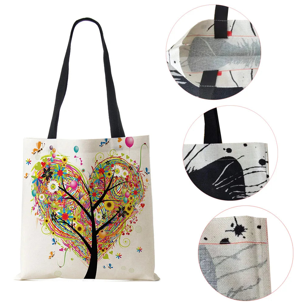 Wishing Girl Print Linen Reusable Shopping Bags Women Large Tote Bags Handbags