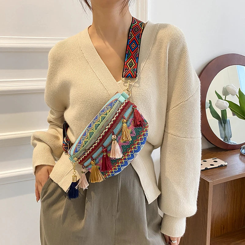 Tassel Large Capacity Crossbody Chest Bag Ethnic Style Waist Bag