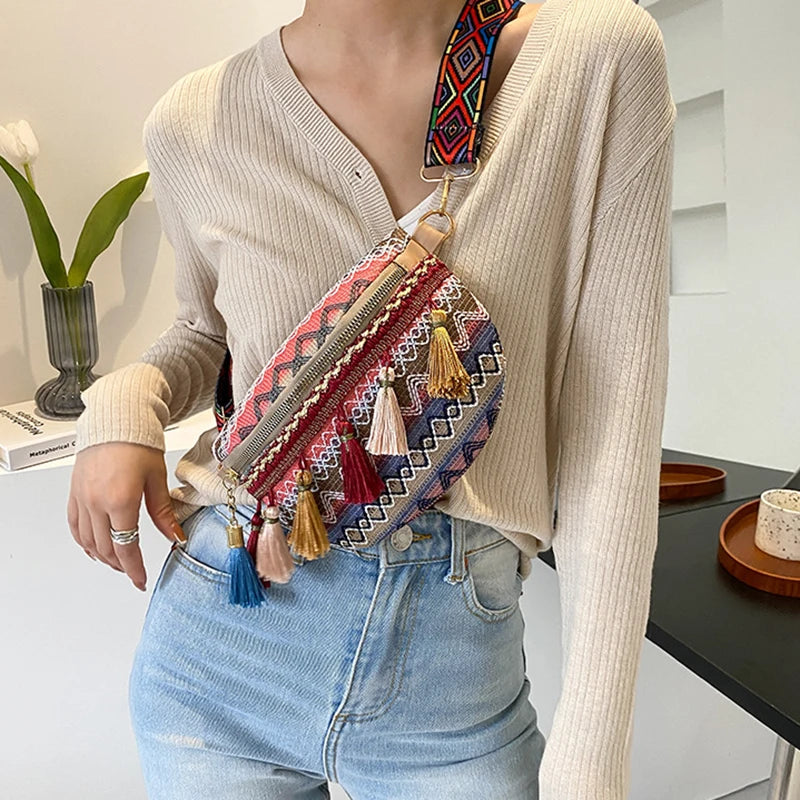 Tassel Large Capacity Crossbody Chest Bag Ethnic Style Waist Bag
