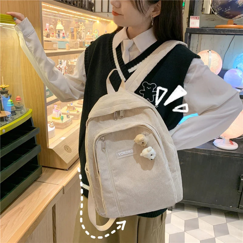 Corduroy Backpack Schoolbag for Teenage Girls Female Back Bag Travel Pack