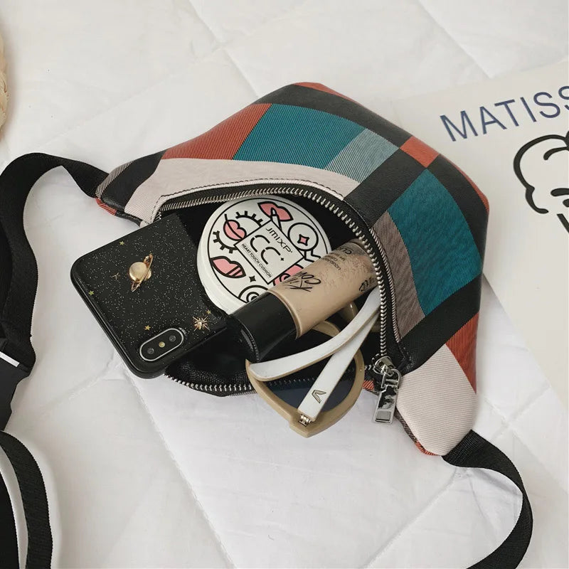 Woman Fanny Pack Pu Leather Stripe Waist Packs Hip Bags Women's Waistband