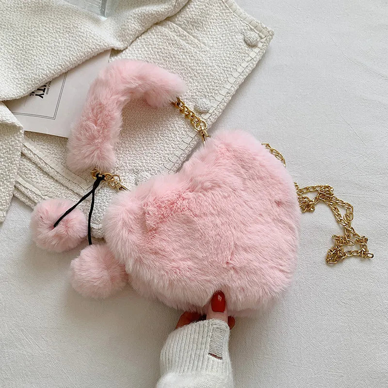 Heart Shape Plush Bag Metal Chain Shoulder Bag