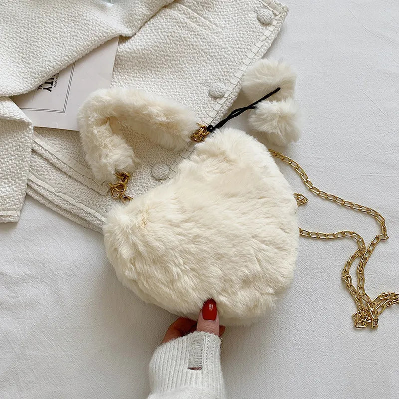 Heart Shape Plush Bag Metal Chain Shoulder Bag