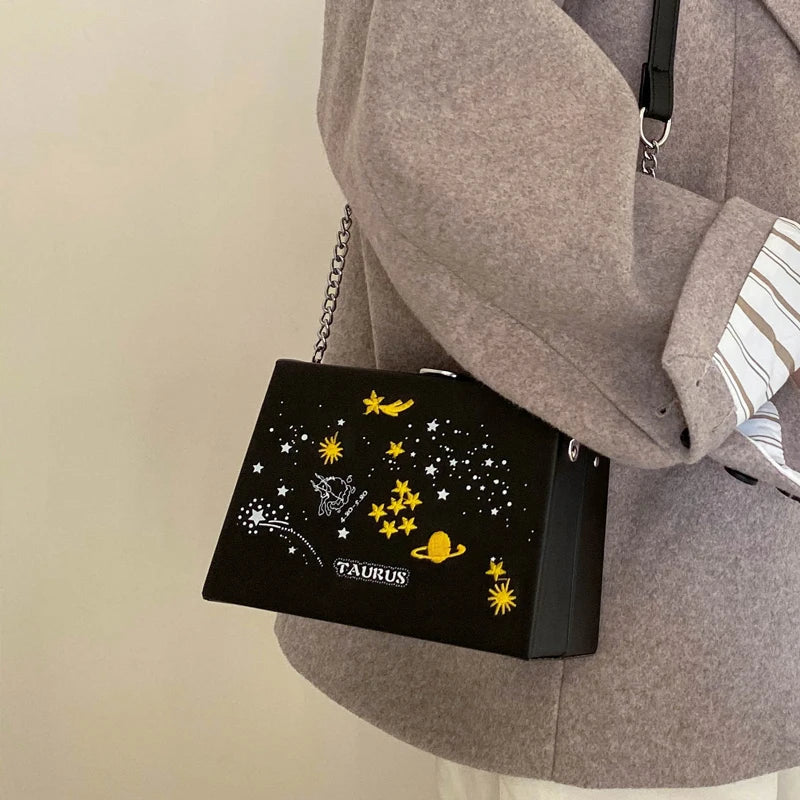 Women 12 Constellations Crossbody Flap Embroidery PU Leather Handbag