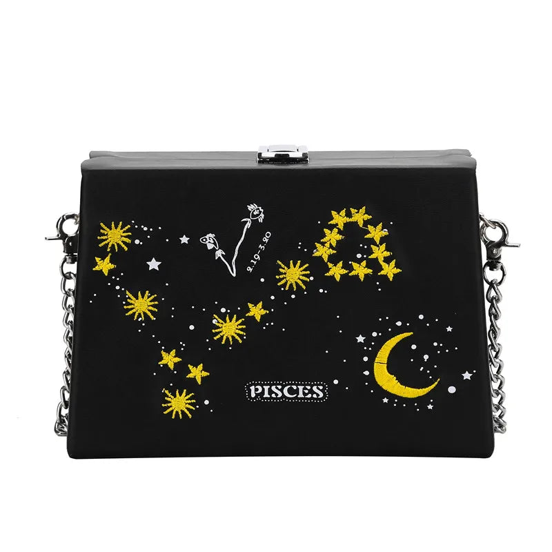 Women 12 Constellations Crossbody Flap Embroidery PU Leather Handbag