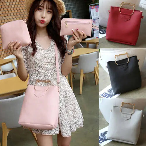 Women 3-Piece Set Solid Shoulder Bag Adjustable Strap Zipper Closure