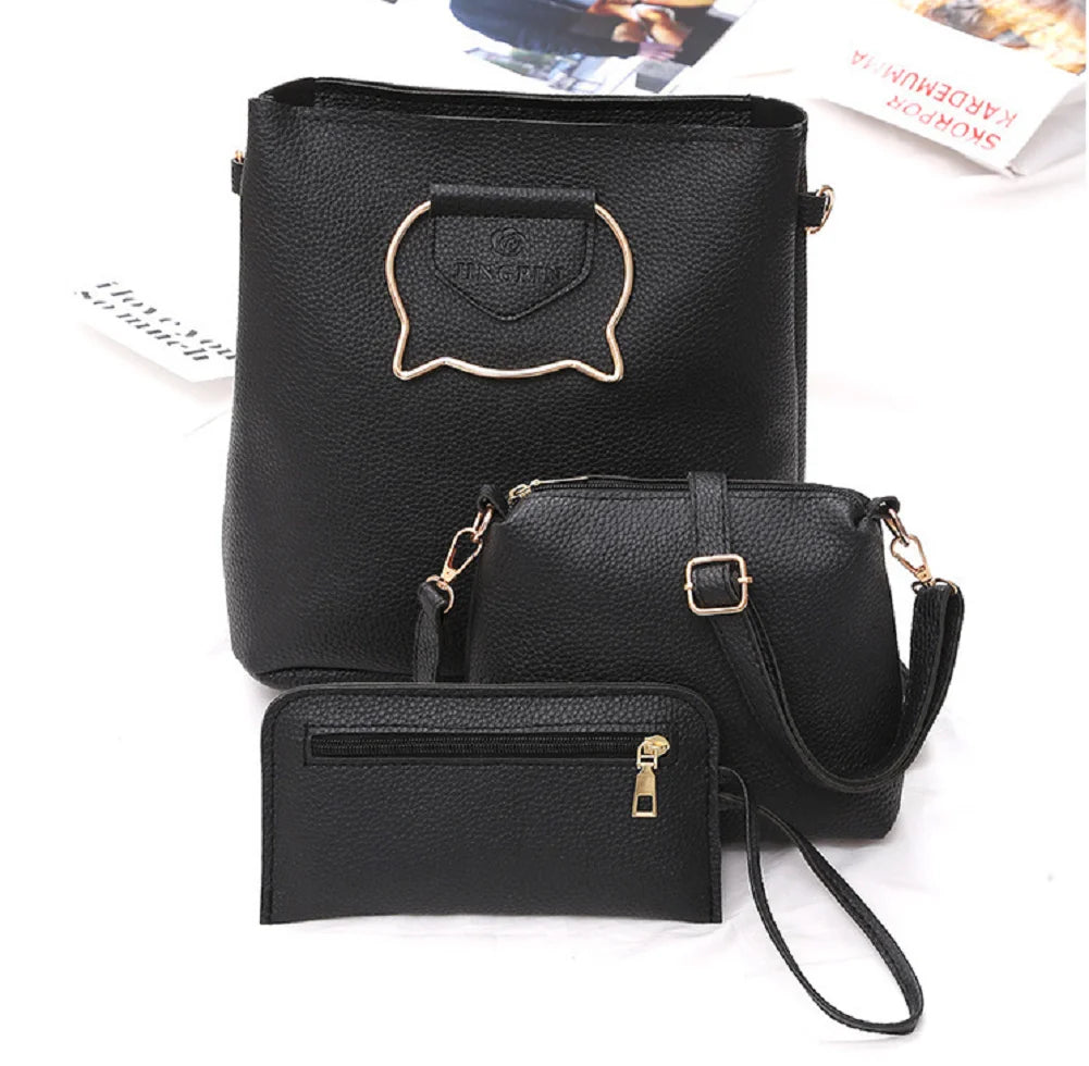 Women 3-Piece Set Solid Shoulder Bag Adjustable Strap Zipper Closure