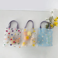 Women 3D Flower Embroidered Mesh Beach Bag Portable Tote For Children