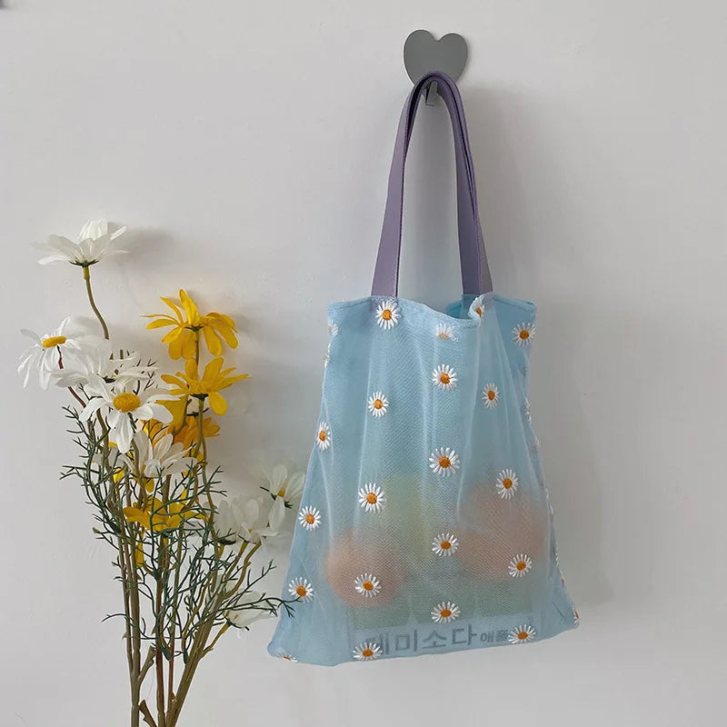 Women 3D Flower Embroidered Mesh Beach Bag Portable Tote For Children