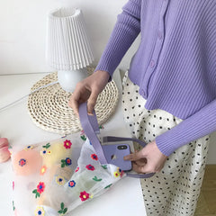 Women 3D Flower Embroidered Mesh Beach Bag Portable Tote For Children