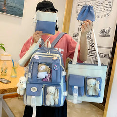 Women 5-Piece Set Backpack Cartoon School Bags High-Capacity Girls Tote