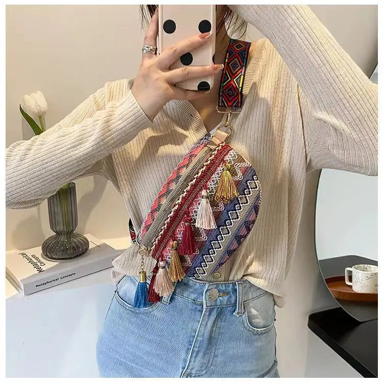 Women Fringe Crossbody Pack Adjustable Waist Chest Fanny Bag