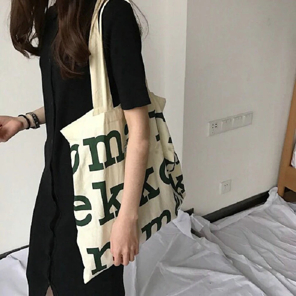 Women Alphabet Canvas Shoulder Bags Letter Printed Tote Handbags Large Capacity