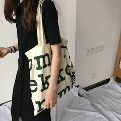 Women Alphabet Canvas Shoulder Bags Letter Printed Tote Handbags Large Capacity